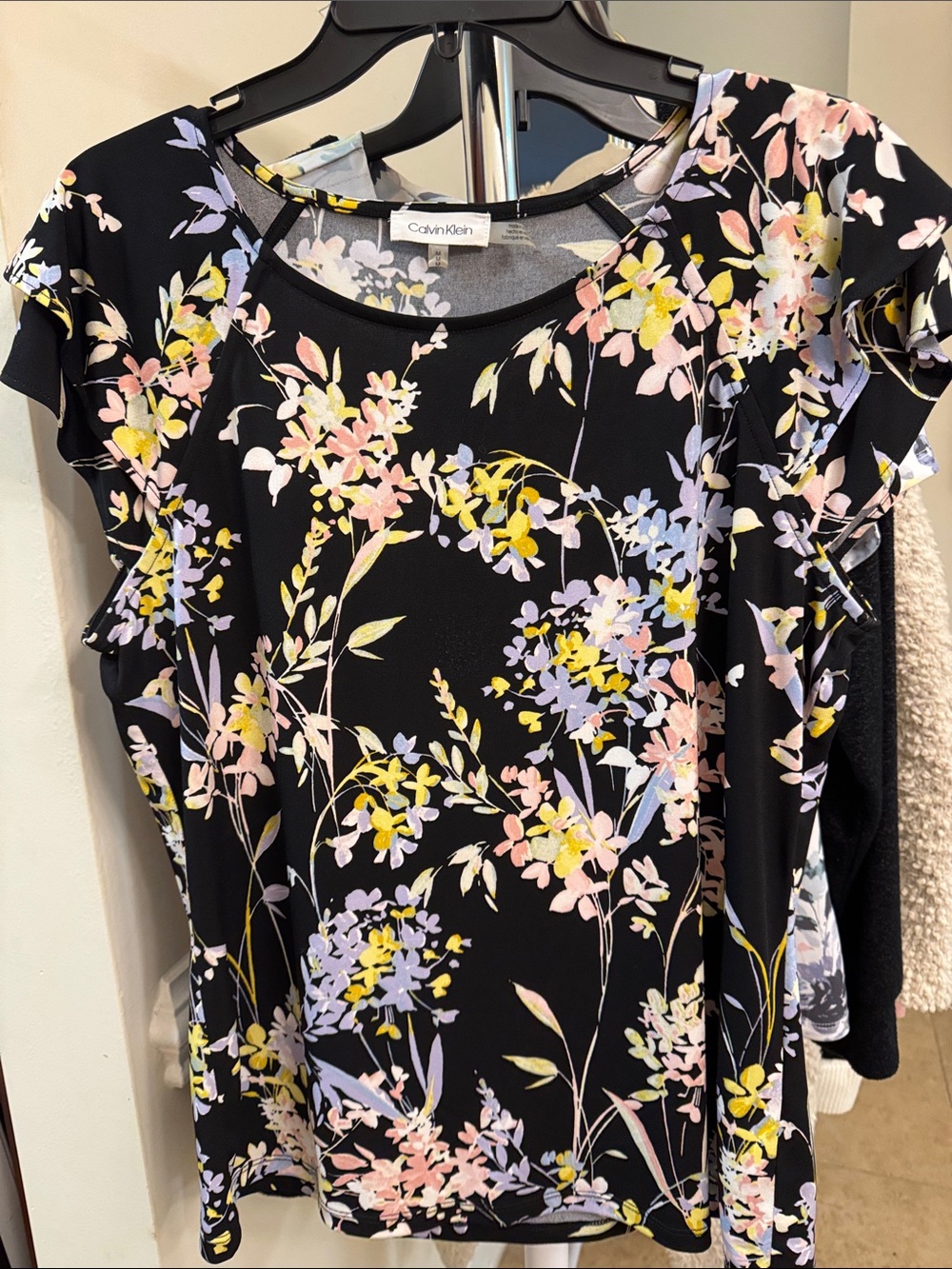 Calvin Klein Black Floral Ruffle Sleeve Blouse